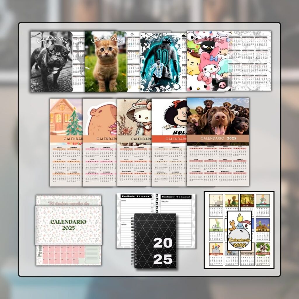 Imprimibles digitales en PDF. Agendas y planificadores como calendarios, almanaques de diferentes tamaños y temáticas listos para imprimir.
